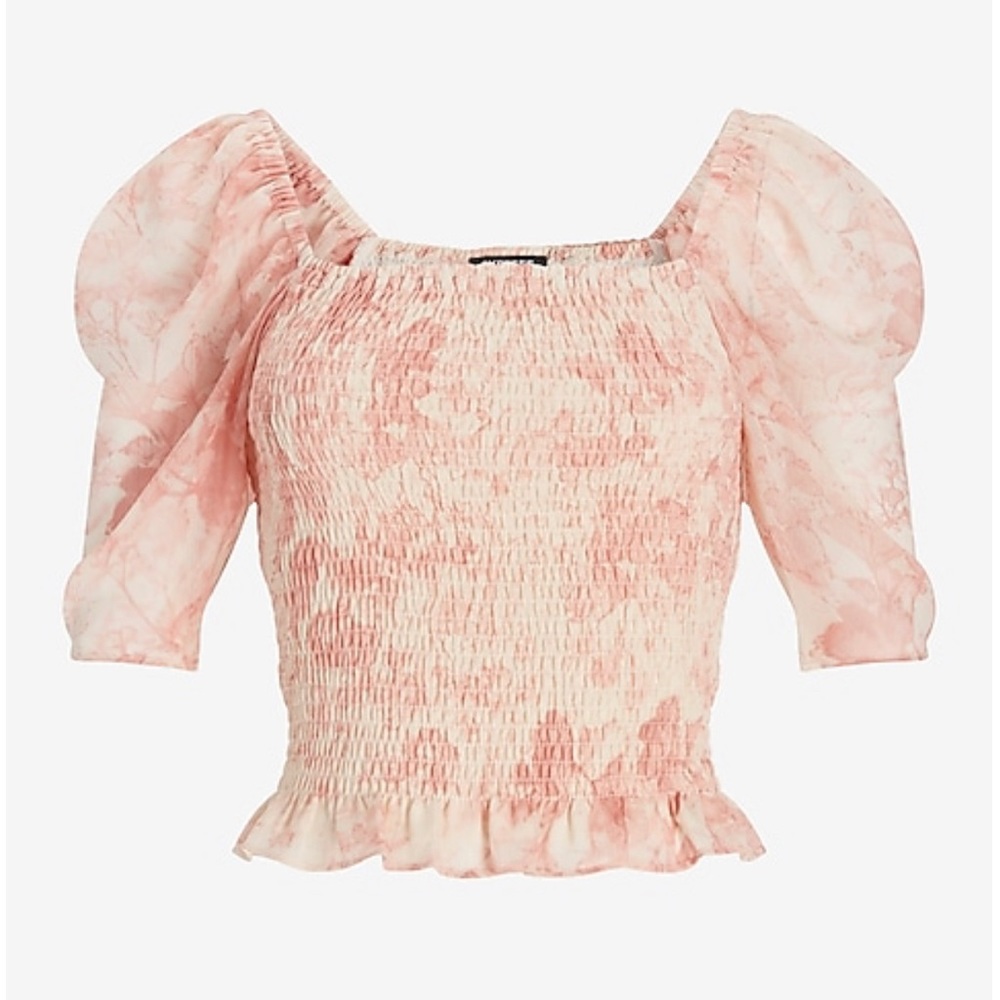 Express Abstract Puff Sleeve Smocked Top